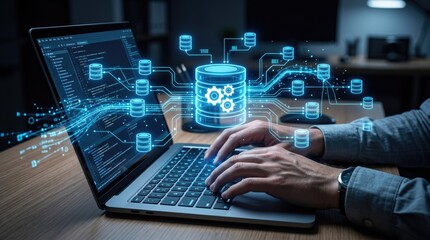 Fototapeta premium Person typing on laptop with glowing blue data servers and network connections hands