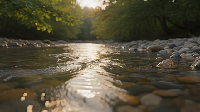 stream sunlit water over pebbles in shallow river with forest backdrop