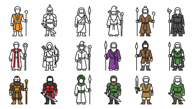 Medieval hero sprites set featuring diverse fantasy classes for mobile gaming and design.