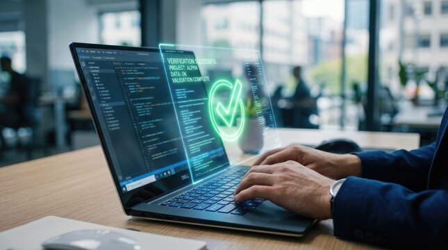 Person typing on laptop with glowing green verification success interface hands technology