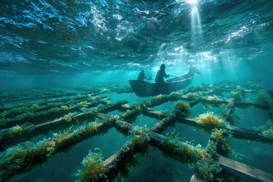 Underwater scene with boat and seaweed farm