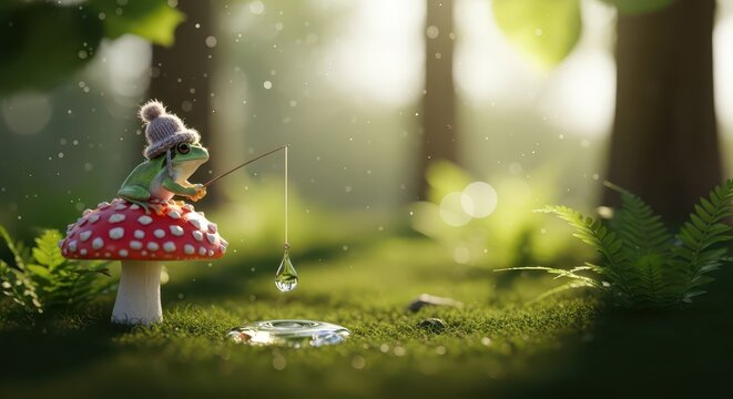 Small frog wearing a knitted hat sits on a mushroom while fishing for a water droplet in a forest setting.