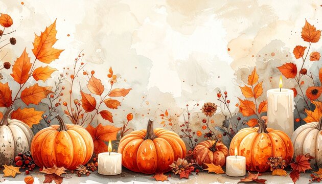 Autumn watercolor Halloween seamless pattern with pumpkins and fall leaves