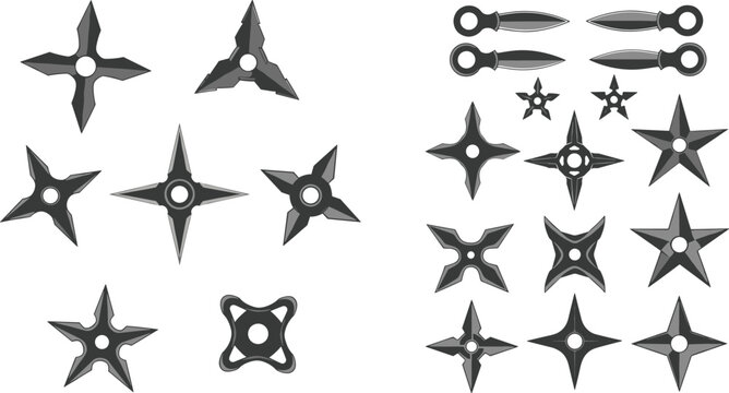 Set of ninja throwing stars vector illustration featuring shuriken weapons in various shapes with metallic style for martial arts and combat design