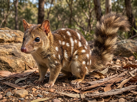 Spotted quoll foraging among dry leaves and rocks in the Australian bush