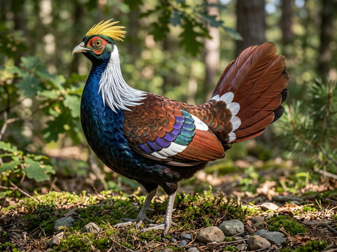 Himalayan Monal showing colorful plumage in a sunny woodland clearing