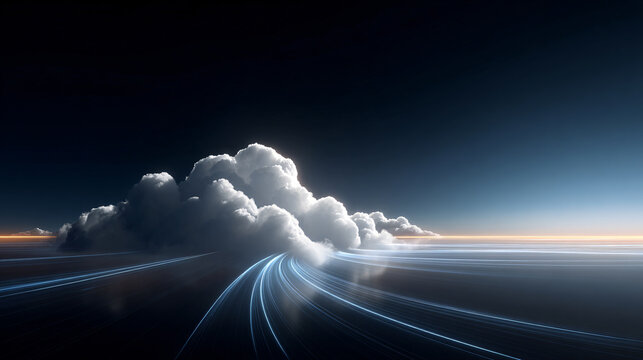 Blue light trails穿梭 through cloud sea under the vast night sky with futuristic ambiance