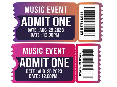 Music event tickets, admit one, concert tickets, festival passes, colorful vector tickets