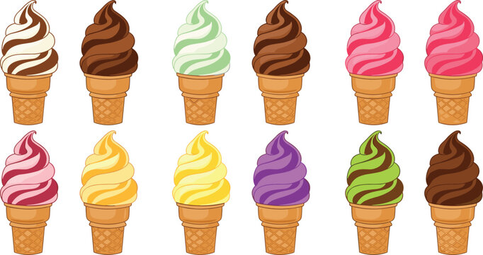 Set of soft serve ice cream cones with swirl textures in various flavors, colorful dessert collection isolated on white background, detailed vector illustration