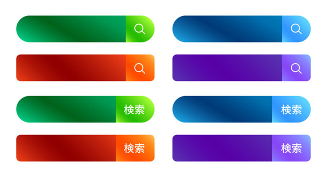 WEBサイト用検索ボタンのセット スタイリッシュな斜め分割グラデーションデザイン 虫眼鏡アイコンと「検索」文字入りのUI素材 ベクターイラスト（緑、青、赤、紫のカラーバリエーション）
