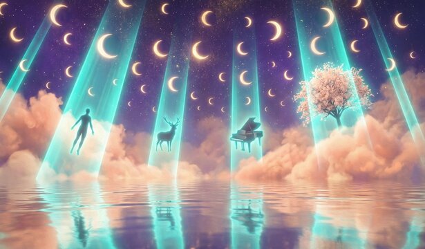 Surreal Cosmic Migration with Crescent Moon Portals and Neon Light