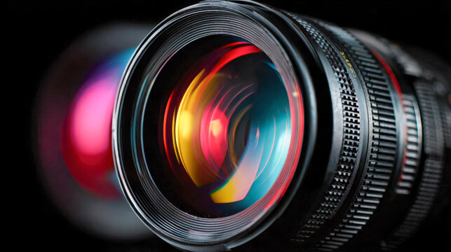 Vibrant reflections of colorful light on the glass surface of a professional camera lens highlighting intricate details of the lens elements and barrel design