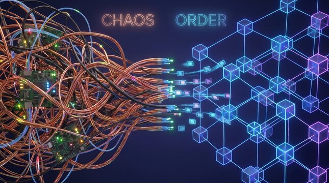 Chaos to Order Concept: Tangled Copper Wires Transforming into Structured Digital Cube Grid for Data Organization and Blockchain Technology