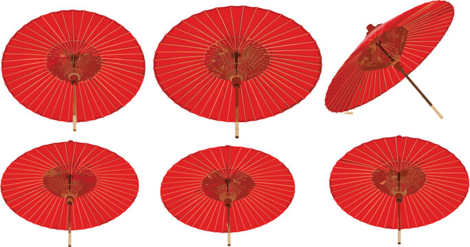 Traditional red paper parasol umbrellas set in different angles, Asian decorative sunshade collection isolated on white background, cultural accessory vector illustration