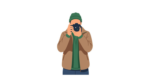 Professional Photographer in Winter Gear Holding DSLR Camera Illustration - Minimalist Flat Vector Character