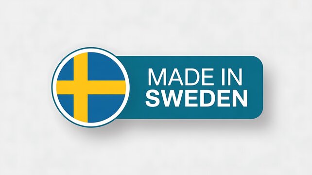 Made in Sweden, Swedish flag logo, product label, country of origin mark, blue and yellow badge