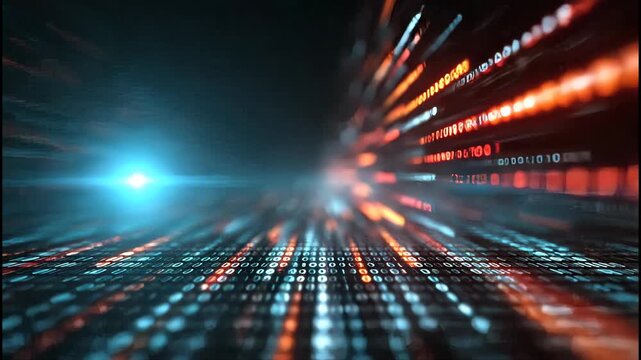 A futuristic abstract image showcases streams of binary code flowing into the distance, illuminated by a bright blue light source, creating a sense of digital depth and technological advancement.
