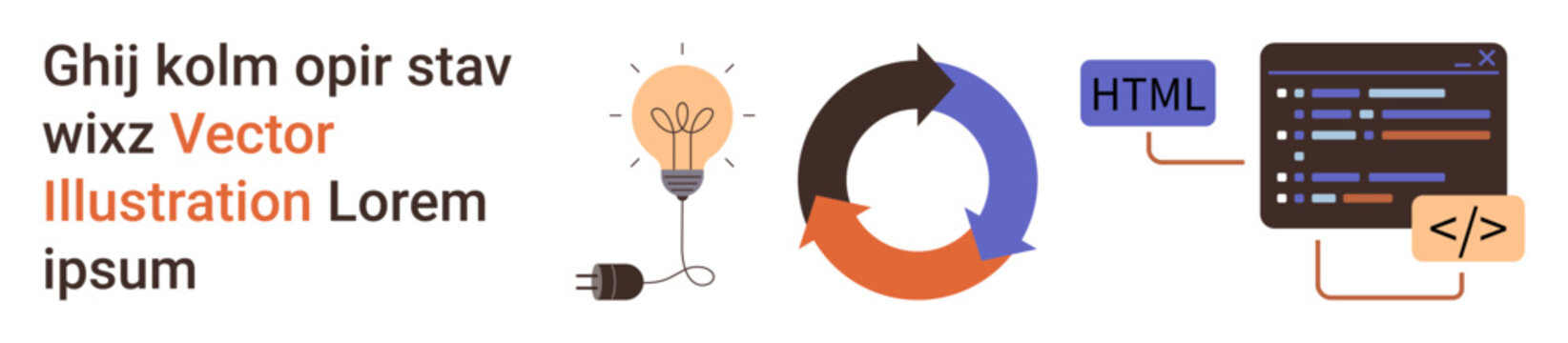 Web development, coding process, innovation, workflow, software development, programming concepts. Lightbulb, circular arrows and HTML code snippets in a conceptual design. Web development