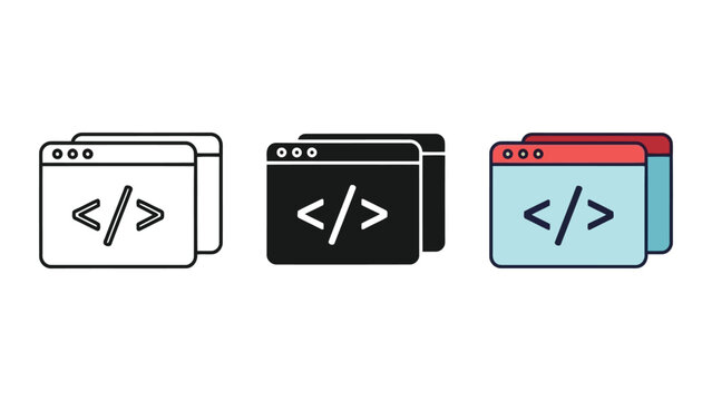 Web development code browser window icons set