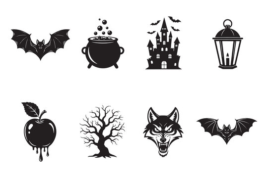 Halloween themed icons featuring bats witch cauldron haunted house lantern apple tree wolf