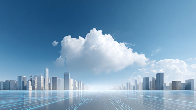 Futuristic city skyline with clouds and high-tech digital circuit patterns on reflective surface