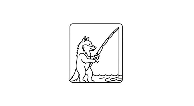 Cartoon Wolf Fishing in River, Animal Character, Outdoor Hobby, Line Art Illustration
