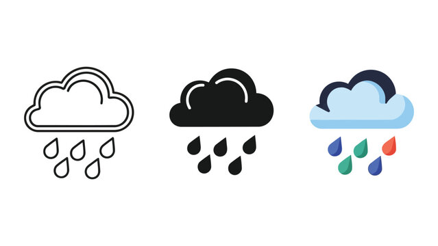 Rainy cloud weather icons set in line art solid and flat vector styles