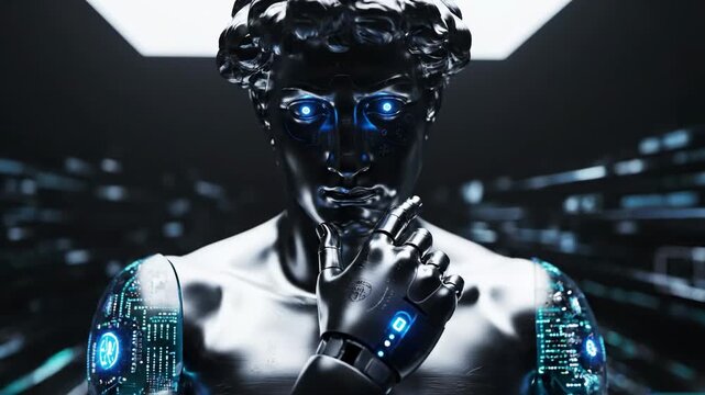 AI David Sculpture with Circuitry and Glowing Eyes