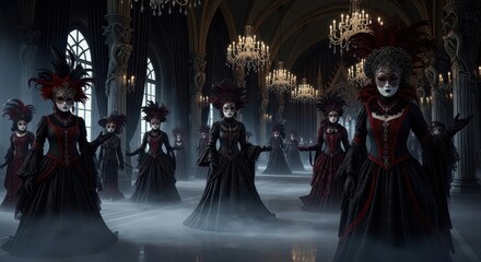 Fototapeta premium People wearing ornate masks and dark historical costumes gather in a dimly lit ballroom filled with fog.