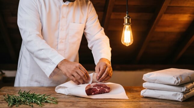 Butcher carefully wrapping fresh red meat in white paper at a rustic market stall.