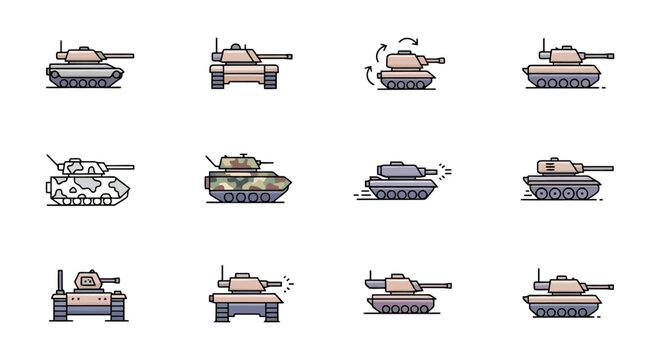 A collection of pixel art tank icons in various poses and designs, showcasing military vehicles and combat machinery.