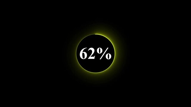 Neon glowing yellow color circle loading bar animation on black background . Neon circle in charging percent icon. futuristic technology concept on animation video. 62% charge available now .