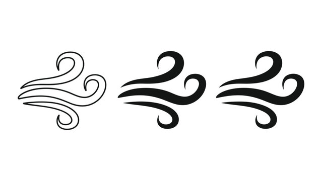 Wind gust vector icons set with outline and solid black shapes