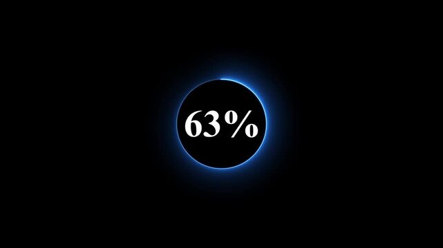Neon glowing blue color circle loading bar animation on black background . Neon circle in charging percent icon. futuristic technology concept on animation video. 63% charge available now .