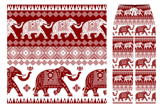 Seamless Thai elephant textile pattern with red and white traditional ethnic fabric design.