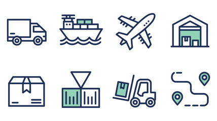Fototapeta premium Cargo transport and warehouse logistics vector icons set featuring shipping, storage, and delivery industry symbols.