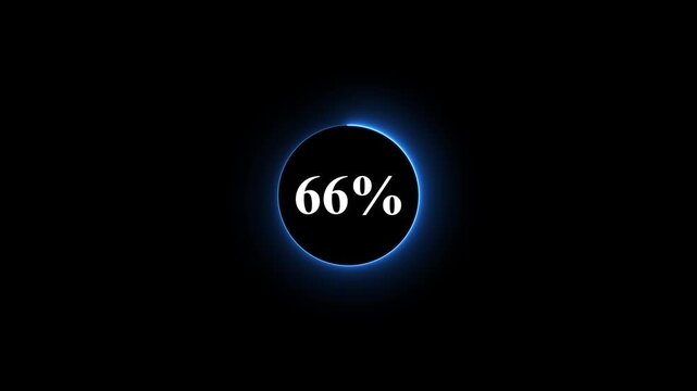 Neon glowing blue color circle loading bar animation on black background . Neon circle in charging percent icon. futuristic technology concept on animation video. 66% charge available now .