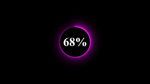 Neon glowing violet color circle loading bar animation on black background . Neon circle in charging percent icon. futuristic technology concept on animation video. 68% charge available now .