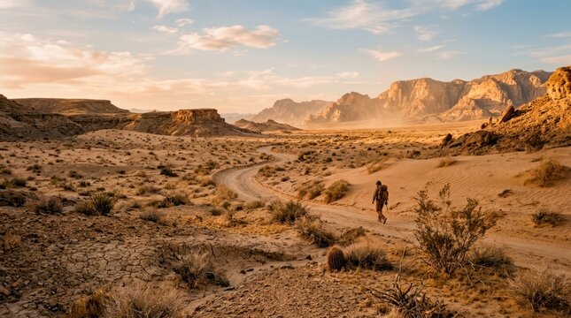 A person walking on a dirt path through a desert landscape with mountains in the background.