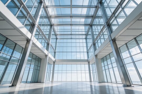 Modern glass building interior with columns