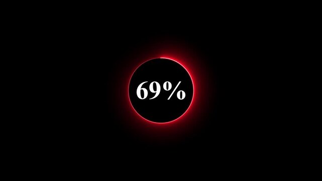 Neon glowing red color circle loading bar animation on black background . Neon circle in charging percent icon. futuristic technology concept on animation video. 69% charge available now .