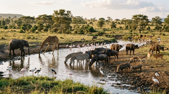 A herd of elephants, giraffes, zebras, and other animals gathered around a watering hole in a savannah landscape.