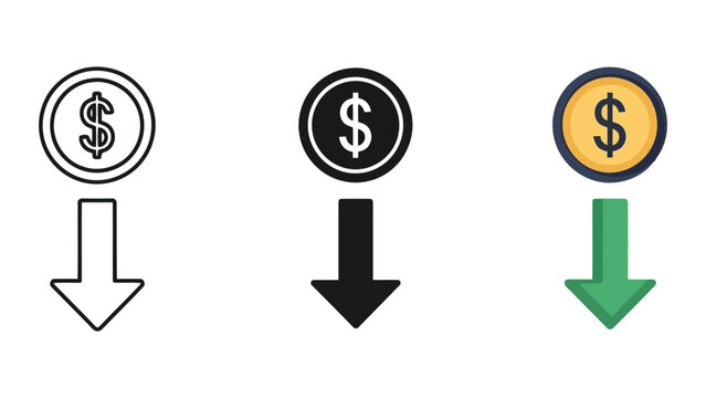 Dollar coin with down arrow icon set, vector illustration