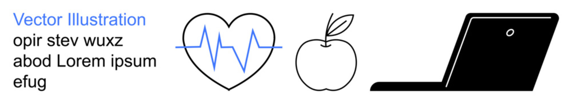 Health awareness, fitness, digital health, wellness programs, online education, remote work. A heart with heartbeat lines, an apple and a laptop graphic. Health awareness and fitness concepts