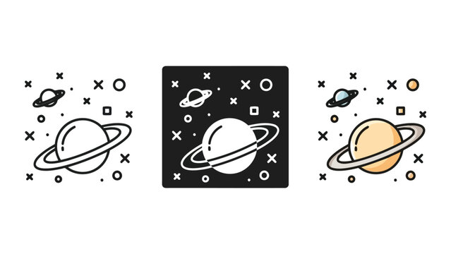 Set of three planet illustrations with rings and stars