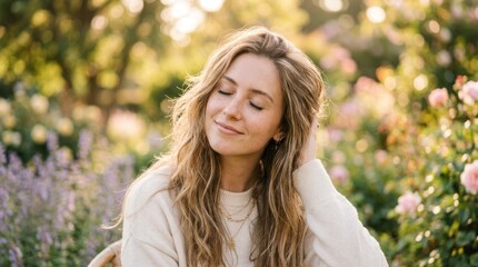 Fototapeta premium A woman with long blonde hair sitting in a garden with blooming flowers, wearing a white sweater and a gold necklace, with her eyes closed and a serene expression.