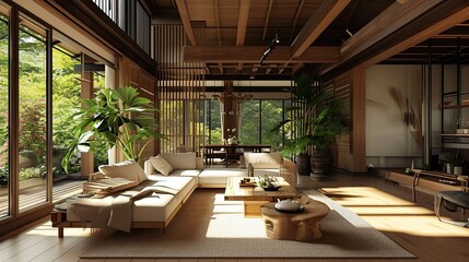 Fototapeta premium Sunlit Contemporary Japanese-Inspired Living Room with Floor Seating and Lush Garden View