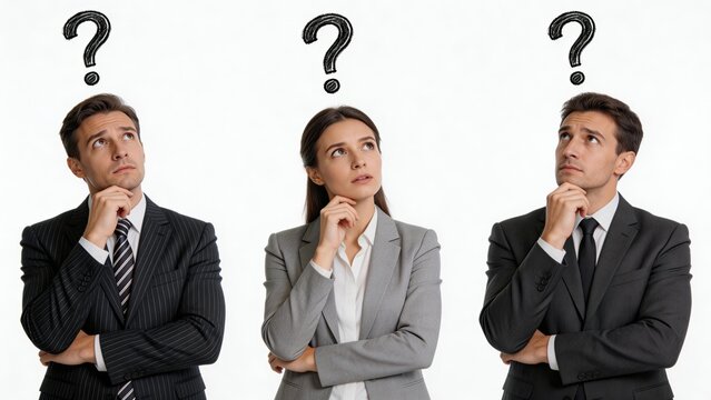 Three business people in suits looking up at question marks with confused expressions on white background symbolizing uncertainty doubt questions and decision making process in