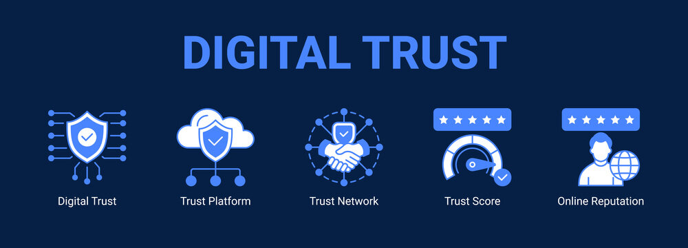 Digital Trust web banner icon concept, with Digital Trust, Trust Platform, Trust Network, Trust Score.