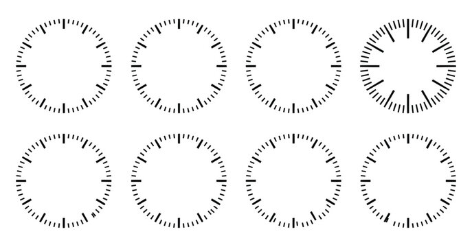 Circle watch face icon with time scale markings, round timer, and stopwatch dial design in vector illustration style
